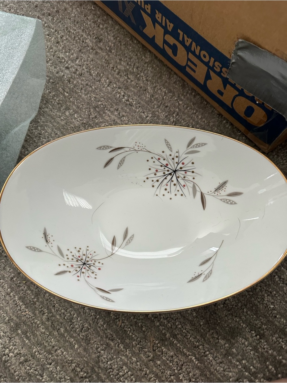 Noritake White Porcelain Serving Bowl with Gold Trim and Brown Floral Accents